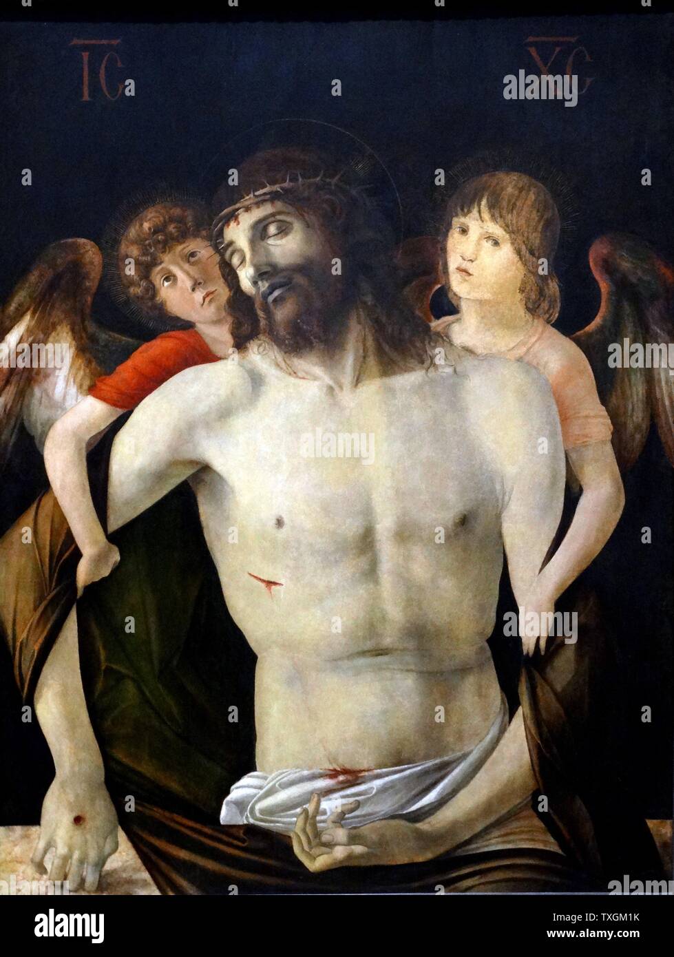 Malerei betitelt "Der tote Christus unterstützt von Engeln" von Giovanni Bellini (1430-1516) eines italienischen Renaissance-Maler. Datiert aus dem 16. Jahrhundert Stockfoto