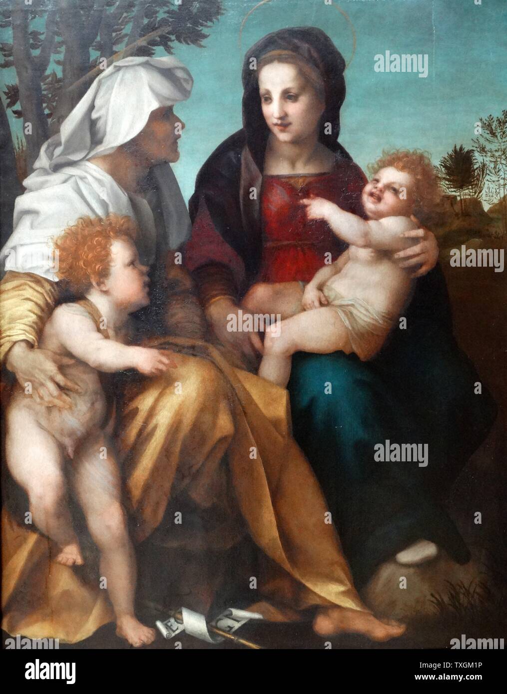 Gemälde mit dem Titel "Die Madonna und Kind, Saint Elizabeth und dem Täufer" von Andrea del Sarto (1486-1530) eines italienischen Malers von Florenz entfernt. Datiert aus dem 16. Jahrhundert Stockfoto