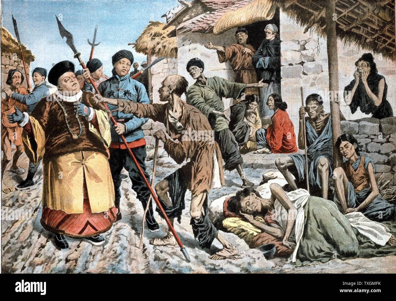 Cholera unter den Opfer der Hungersnot in China. Regierungsbeamte von hungernden Menschen. Hände von Frau auf Matratze am rechten sind im typischen cholera Haltung von "Le Petit Journal", Paris, März 1907 Stockfoto