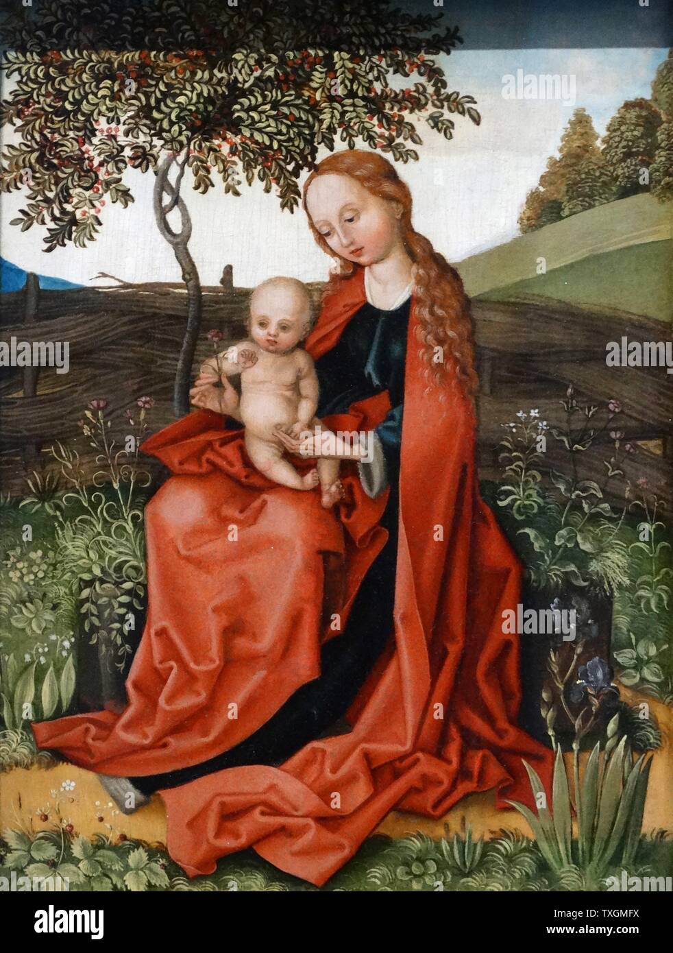 Gemälde mit dem Titel "Die Jungfrau und Kind im Garten" im Stil von Martin Schongauer (1448-1491) ein deutscher Kupferstecher und Maler. Vom 15. Jahrhundert Stockfoto