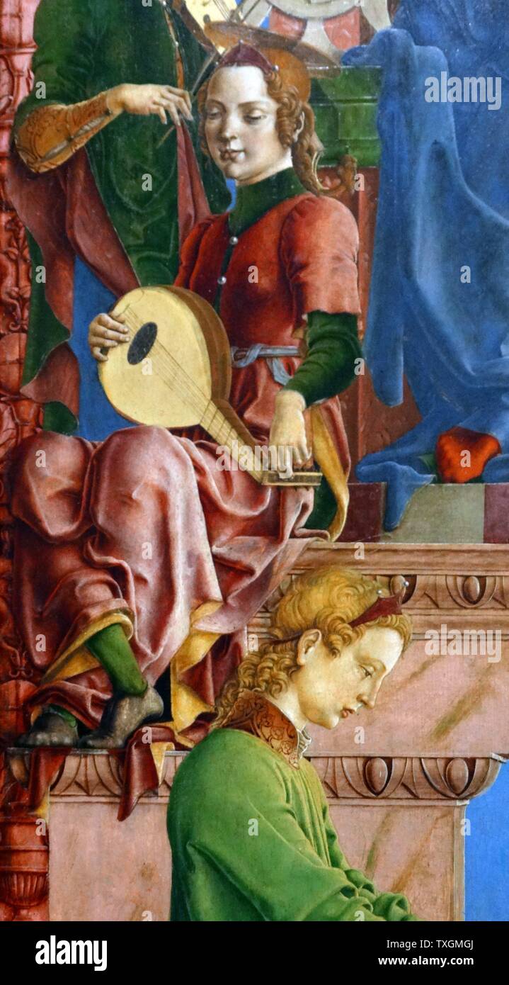 Detail aus einem Gemälde mit dem Titel "Die Jungfrau und Kind thront" von Cosimo Tura (1430-1495) ein italienischer Maler der Frührenaissance und Gründungsmitglied der Schule von Ferrara. Vom 15. Jahrhundert Stockfoto