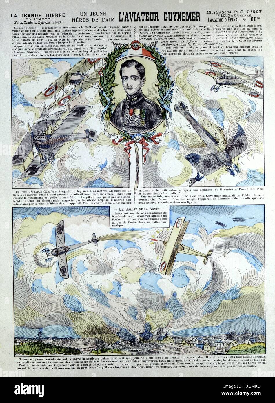 Georges-Marie Guynemer (1895-1917) Französische air Fighter ace Abgeschossen 8 Mal. Im Kampf 1917 starb. Mit 53 Luft Siege gutgeschrieben. Broadsheet zeigen Hund kämpft mit Deutschen biplanar und Fokkers Stockfoto