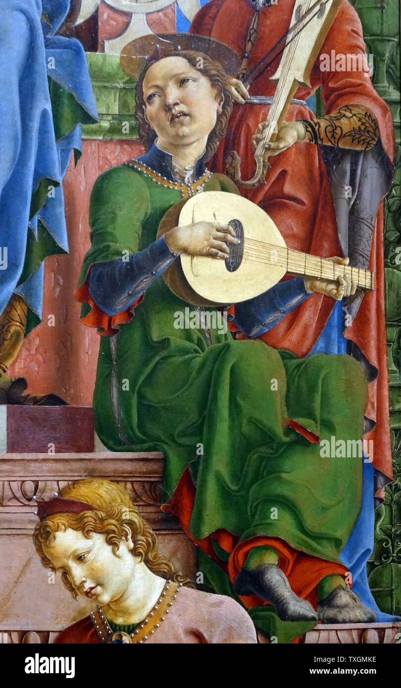 Detail aus einem Gemälde mit dem Titel "Die Jungfrau und Kind thront" von Cosimo Tura (1430-1495) ein italienischer Maler der Frührenaissance und Gründungsmitglied der Schule von Ferrara. Vom 15. Jahrhundert Stockfoto
