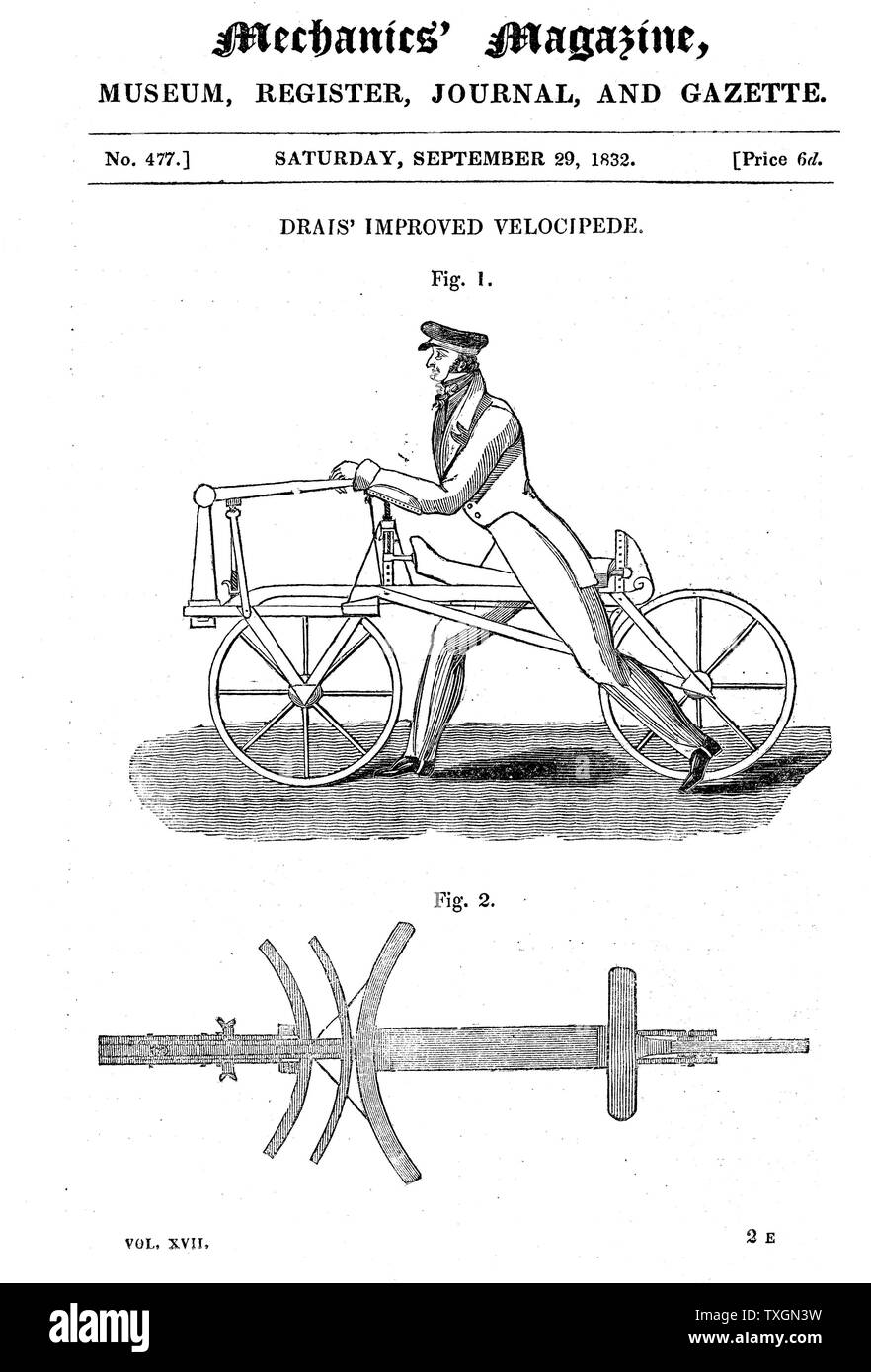 Freiherr von Drais's Bicycle (Draisienne). Ausgestellt in Paris 1818 Holzschnitt aus 'Mechanics' Magazine", London, September 1832 Stockfoto