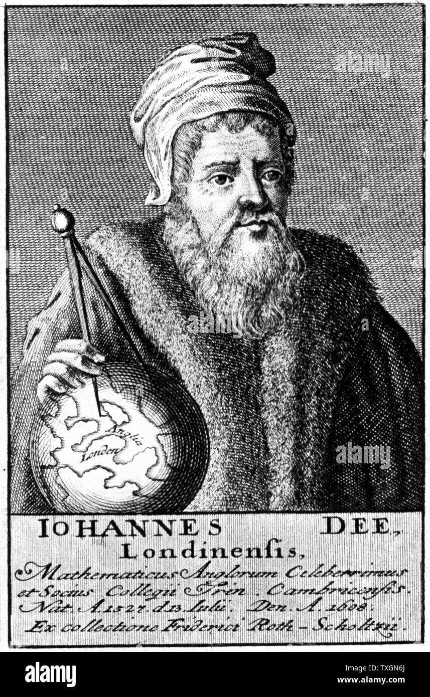 Englische Alchemist John Dee (1527-1608), Geograph und Mathematiker.  Kupferstich aus dem 18. Jahrhundert. Stockfoto