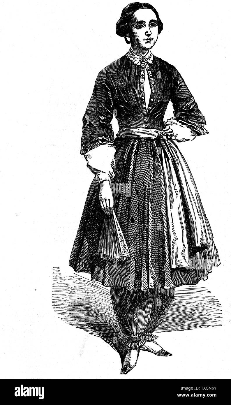 Amelia Bloomer (1818-94) amerikanische feministische und Meister der Dress reform, Ihr neues Kleid für Frauen tragen. Dies war die ursprüngliche, von der rationalen Radfahren Kleid für Frauen wuchs. Bloomers war der Name, den später alle Baggy weiblichen nether Kleider angewendet. Holzstich, London, 1851 Stockfoto