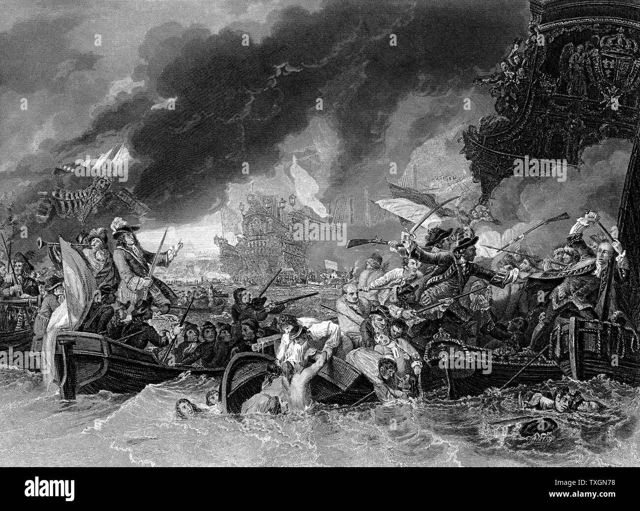 Schlacht von La Hogue. Britisch Naval Sieg über die Franzosen unter Tourville, 19. Mai 1692. Krieg der Grand Alliance. Stich nach dem Gemälde von Benjamin West Stockfoto