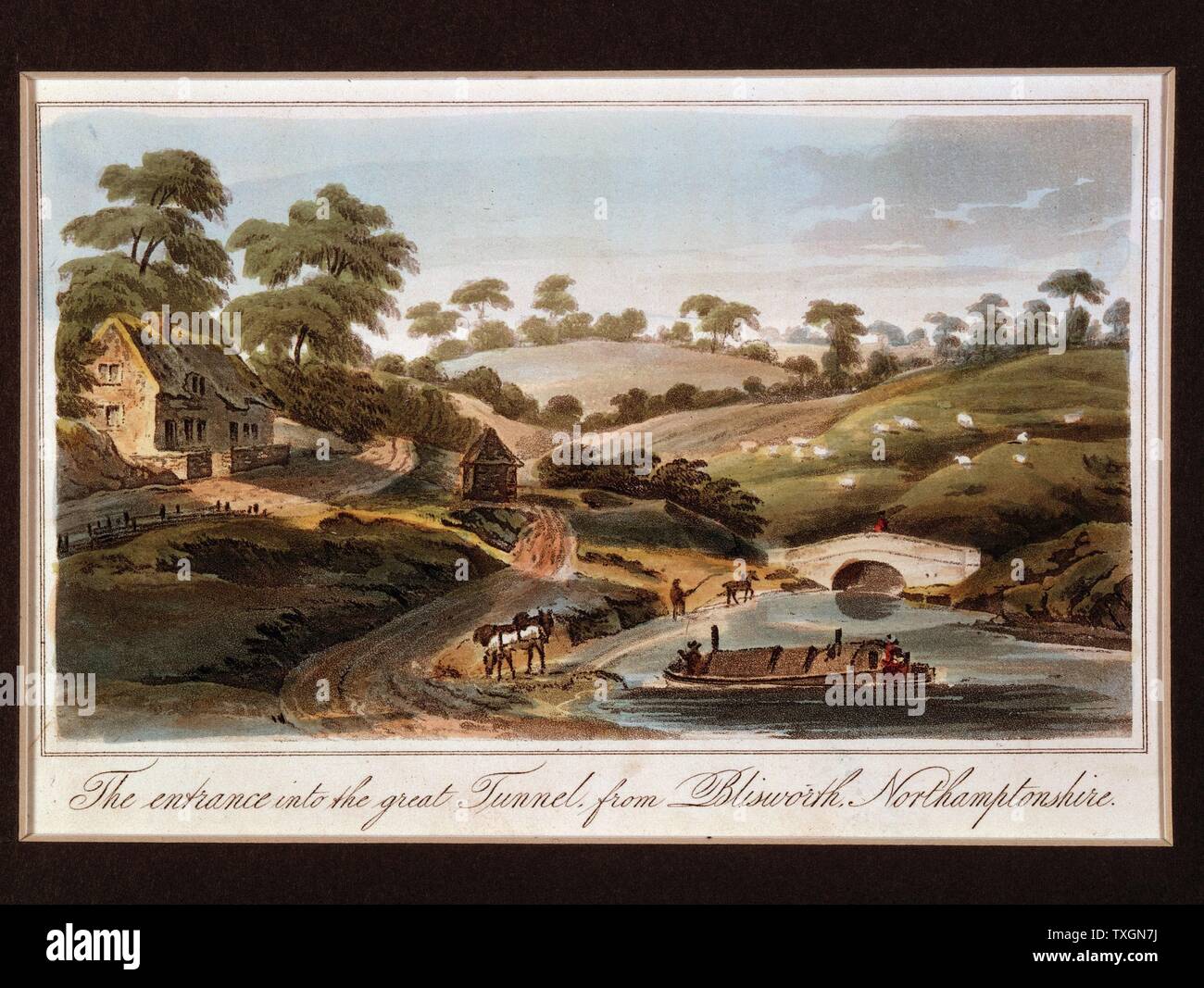 Grand Junction Canal, Teil eines Netzwerks und London mit Midlands Herstellung von Ortschaften und mit Liverpool. Boot nähern Eingang zu den großen Tunnel vom Shutlanger Ende (Northamptonshire). Chief Engineer, William Jessop: Resident Engineer, James Barnes von J. Hassell' Tour des Grand Junction Kanal', London, 1819 Aquatinta. Farbe Stockfoto