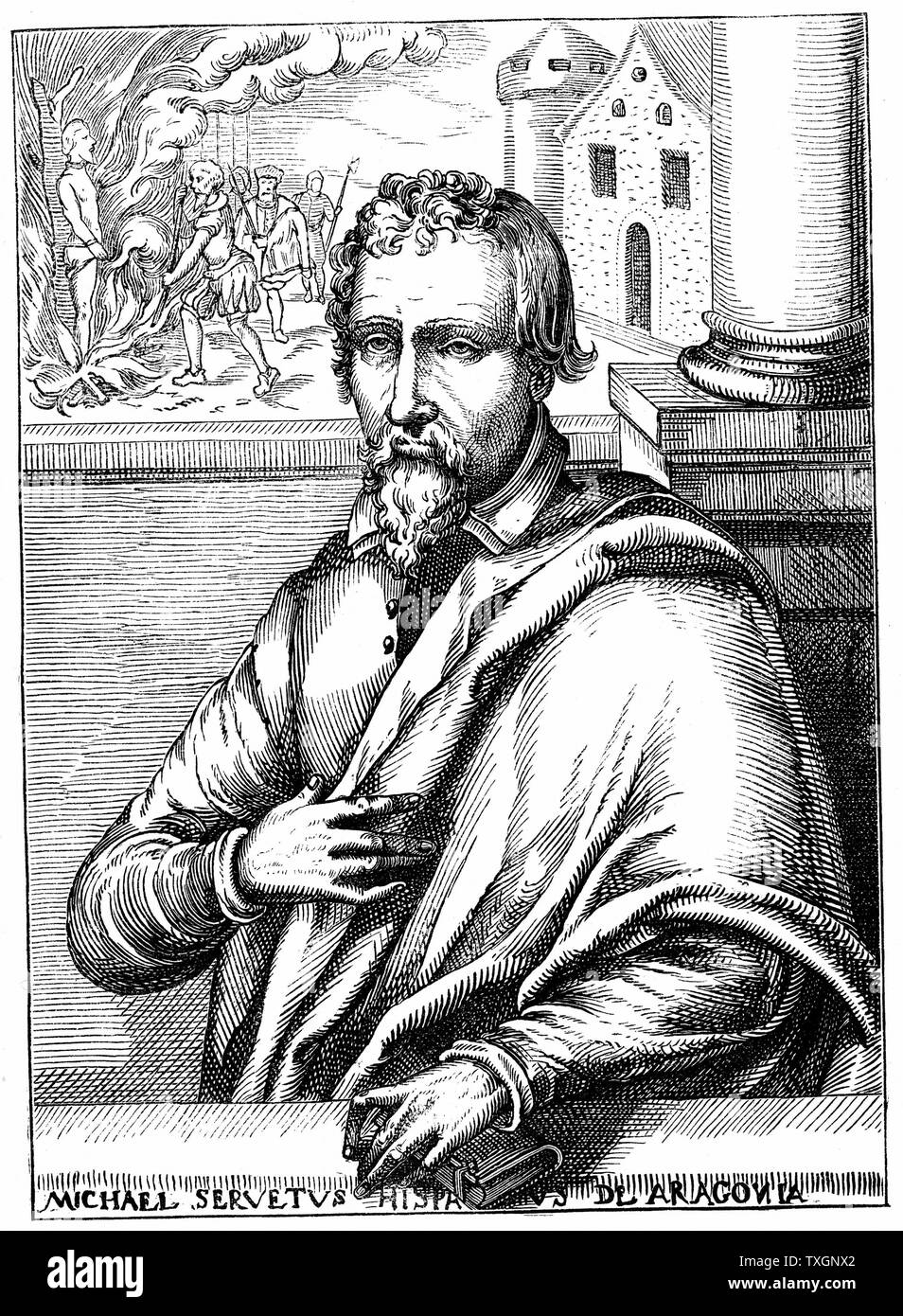 Michael Servetus (1511?1553), spanischer Arzt und Theologe. Portrait von Biographie veröffentlicht 1727. Entgangen katholische Inquisitor Allgemein in Lyon, wurde aber versucht, und der Ketzerei schuldig durch die Calvinisten und lebendig verbrannt in Genf gefunden. Holzschnitt Stockfoto