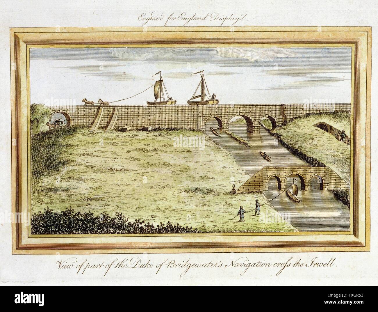 Bridgewater Canal, England, überqueren den Fluss Irwell von einem Viadukt. Im Vordergrund' Hobblers' ziehen Boot auf dem Fluss Ingenieur, James Brindley (1716-72) Hand - farbige Gravur Stockfoto