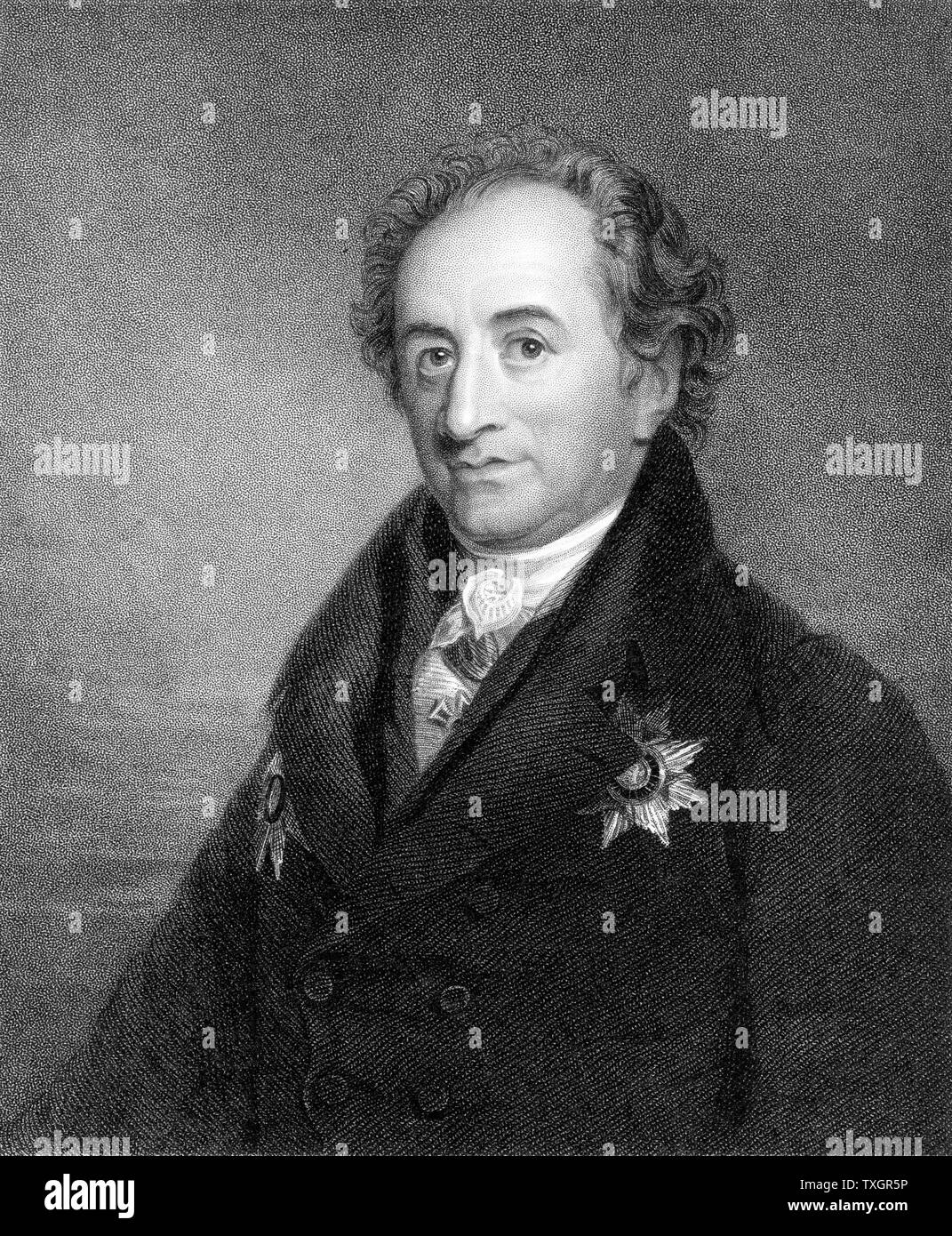 Johann Wolfgang von Goethe (1749-1832), deutscher Dichter, Dramatiker und Wissenschaftler Stahl 1832 Gravur Stockfoto
