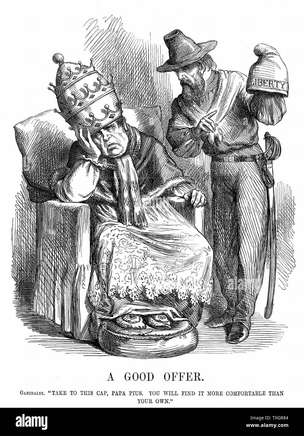Einigung Italiens: Giuseppe Garibaldi (1807-82) versucht, Papst Pius IX. davon zu überzeugen, dass die Gap der Freiheit weit mehr Komfort sind als die päpstliche Krone John Tenniel Karikatur aus "Punch", 29. September 1860 Holzstich London Stockfoto