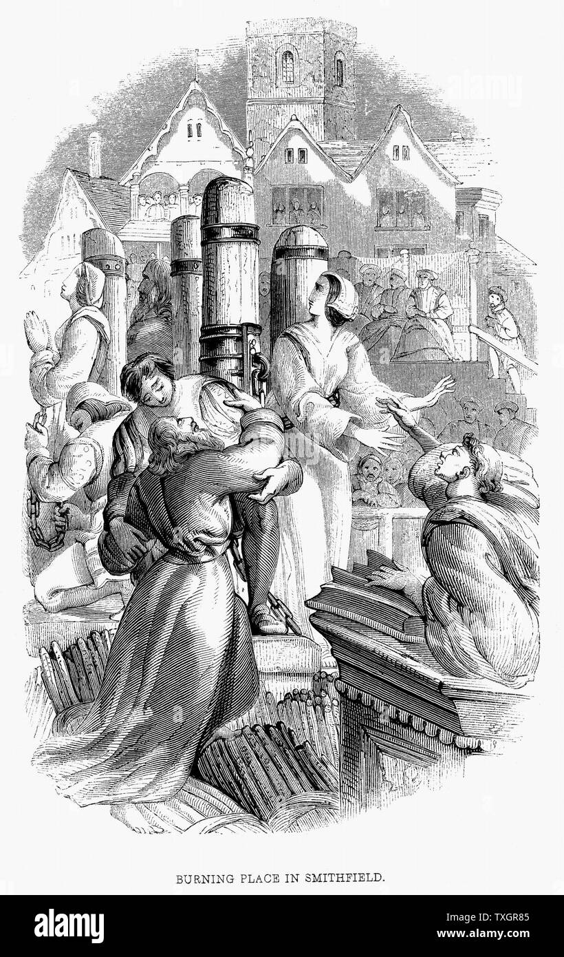 Ein Priester, 4 Laien und 2 Frauen auf dem Scheiterhaufen in Smithfield, London, 27. Januar 1556 verbrannt, für die Verweigerung ihrer protestantischen Glauben zu verleugnen. Herrschaft von Maria I (Bloody Mary) 1848 Holzstich Stockfoto