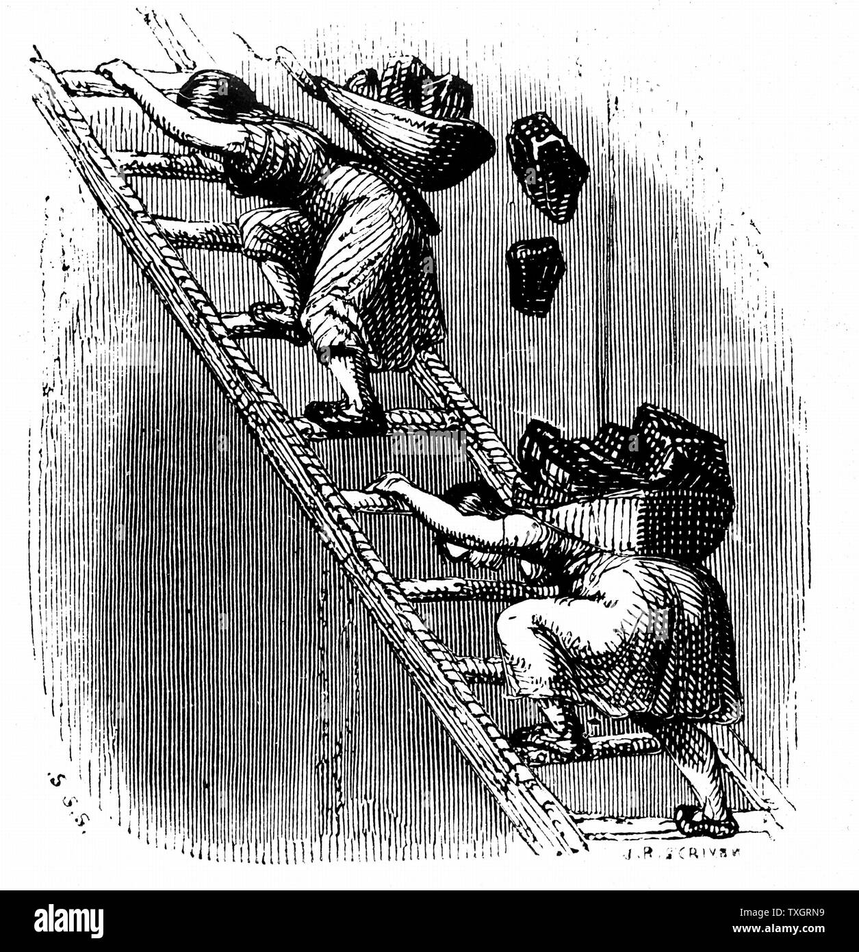 Weibliche Arbeitnehmer Kohle schleppen an der Oberfläche eine Leiter hinauf. Die Frau hat ihre Last und die Frau ist in Gefahr, verletzt zu kaufen, Kohle verloren und von der Leiter und Absturz in die Grube unten. c 1844 Holzschnitt von britischen Bergbau Bedingungen Stockfoto