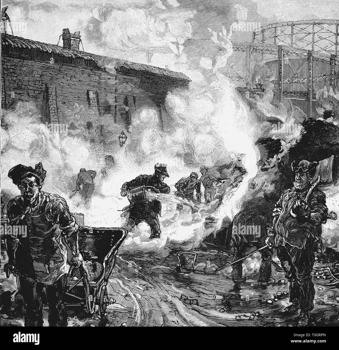South Metropolitan Gas Unternehmen arbeitet, East Greenwich, London: Abschrecken Koks. 1891 Holzstich Paris Stockfoto
