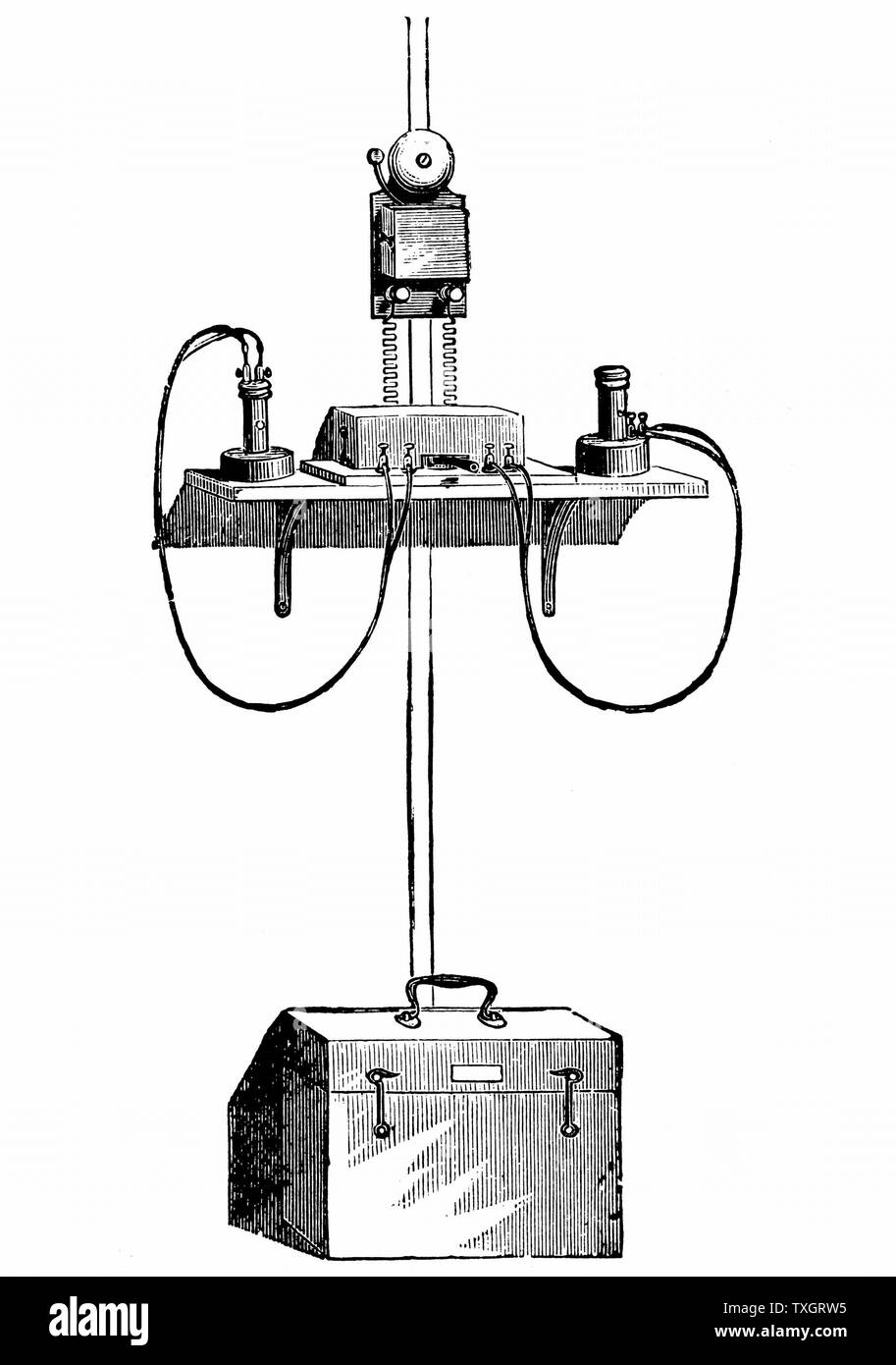 Edison Kohlenstoff Telefon: Senden und Empfangen von Apparat mit batteriekasten an der Basis. Solide Metallmembrane. 1890 Holzstich New York Stockfoto