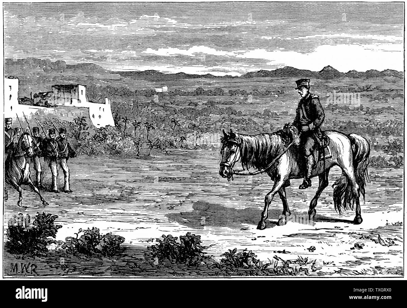 Erste Anglo-Afghan Krieg (1838-1842): Dr. Brydon, einzige Überlebende der 4.500 britische Soldaten und 12.000 camp-Anhänger, die Kabul (Kabul) am 6. Januar 1842 Links zu entkommen, Ankunft am Jaalabad mit Nachrichten von der Katastrophe, 13. Januar 1890 Holzstich C. Stockfoto