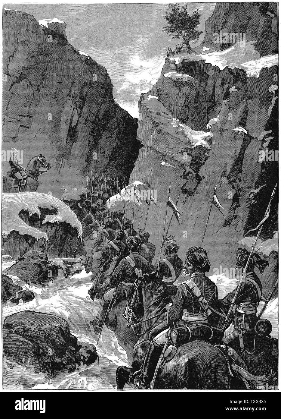 Zweite Anglo-Afghan Krieg (1878-1880) 10 Bengal Lancers Aushandlung der Jugdulluk Pass, die unter Aufsicht eines britischen Offiziers Dezember 1879 Holzstich Stockfoto