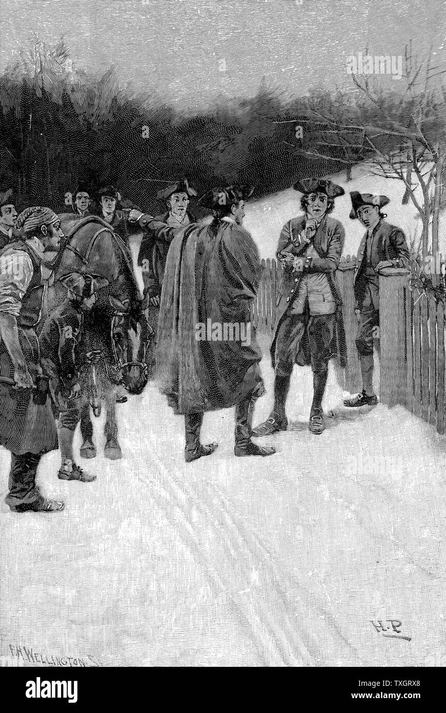 Amerikanischer Unabhängigkeitskrieg: Paul Revere (1735-1818) American Patriot und Silberschmied, auf seiner Fahrt von Boston nach Lexington, um die News zu John Sullivan bei Durham, dass Englisch unter Pitcairn unterwegs: 18. April 1775 1886 Gravur wurden Stockfoto