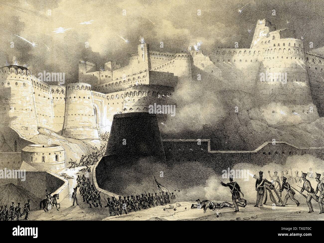 Zweite Anglo-Afghan Krieg 1878-1880: Erfassung von Ghunzee durch britische Truppen im März 1880 Lithographie getönt Stockfoto
