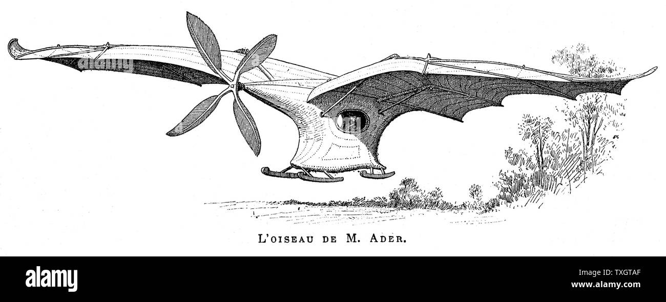Clement Ader des fliegenden Vogel "Eole" (Aole) Spannweite von 15 m und aus Holz und Aluminium, es war der erste pilotengesteuerte Flugzeug aus eigener Kraft zu nehmen, 9. Oktober 1890. 1891 Holzstich Paris Stockfoto
