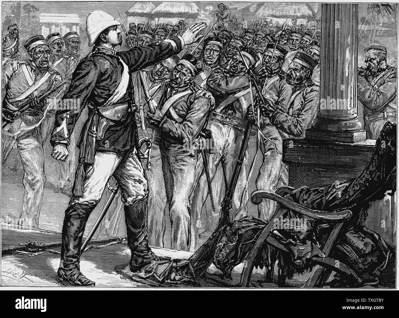 Indische Meuterei (sepoy Meuterei), 1857-1859 Leutnant de Kantzow an Mynpooree Holding die mutineering 9 Sepoys an der Bucht für drei Stunden, bis sie von einem einflussreichen Indischen. c. 1880 Holzstich London gerettet Stockfoto