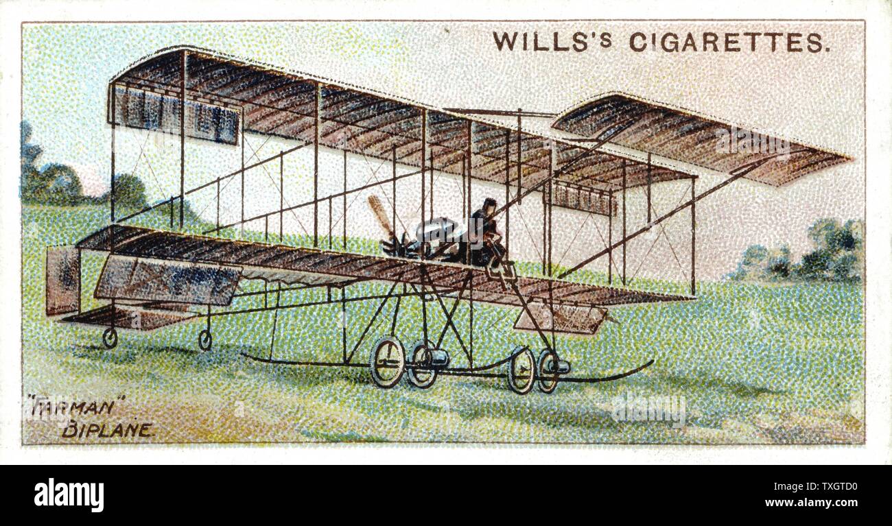 Henri Farman (1874-1958), französischer Pilot und Flugzeug Konstruktor, Farman biplanaren c. 1909. 1910 Chromolithograph, von der Karten auf den Flugverkehr eingestellt Stockfoto