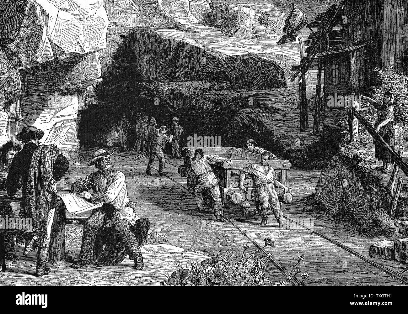 St Gothard Tunnel zwischen Italien und der Schweiz mit der Bahn. Blick auf Schweizer Ende des Tunnels während der Bauarbeiten zeigen Handwerker Mann - Umgang mit Wagen verwendet, um Schmutz zu entfernen. Erste werke Zug durch den Tunnel am 2. März 1880 1880 Holzstich Paris übergeben Stockfoto