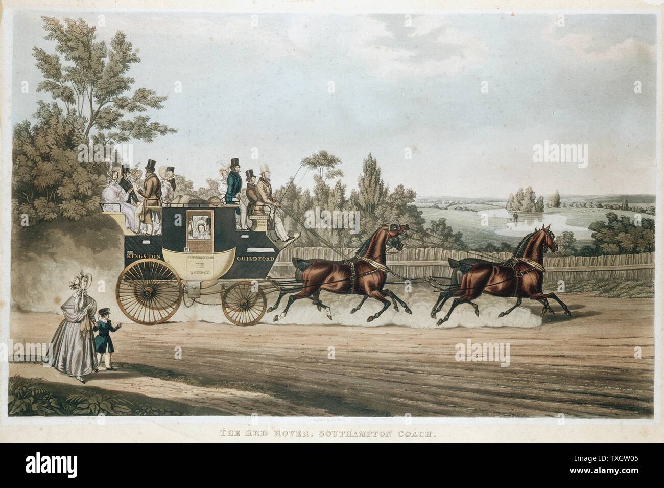 Die Red Rover. Southampton nach London Stage Coach auf seiner Reise c 1815 Aquatinta Stockfoto