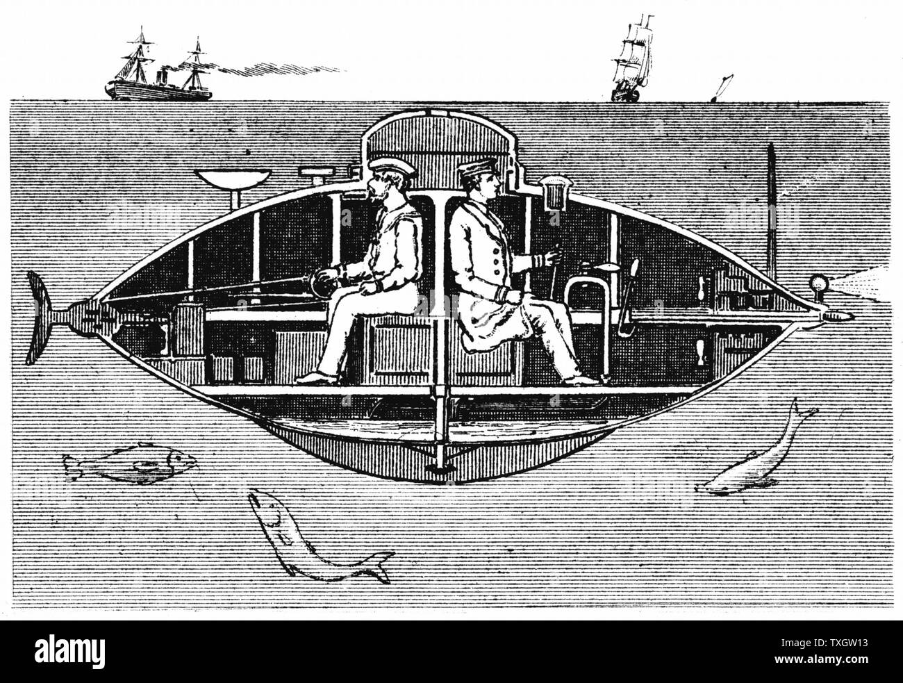 Elektrisch-U-Boot, entworfen von Goubet, von der russischen Regierung mit Strom versorgt. In Studien an Cherbourg 1889 Es war für 8 Stunden in einer Tiefe von 33 m unter Wasser, und wurde in telegraphische Mitteilung mit der Oberfläche. Der Strom wurde durch die nassen Batterien hergestellt. 1890 Gravur Stockfoto