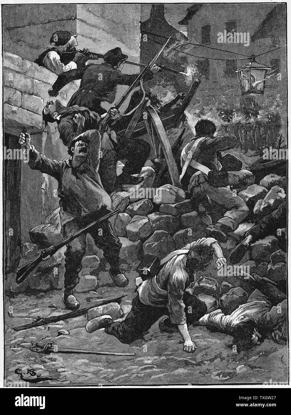 Revolution in Paris, 1848, auf den Barrikaden kämpfen c 1885 Holzstich Stockfoto