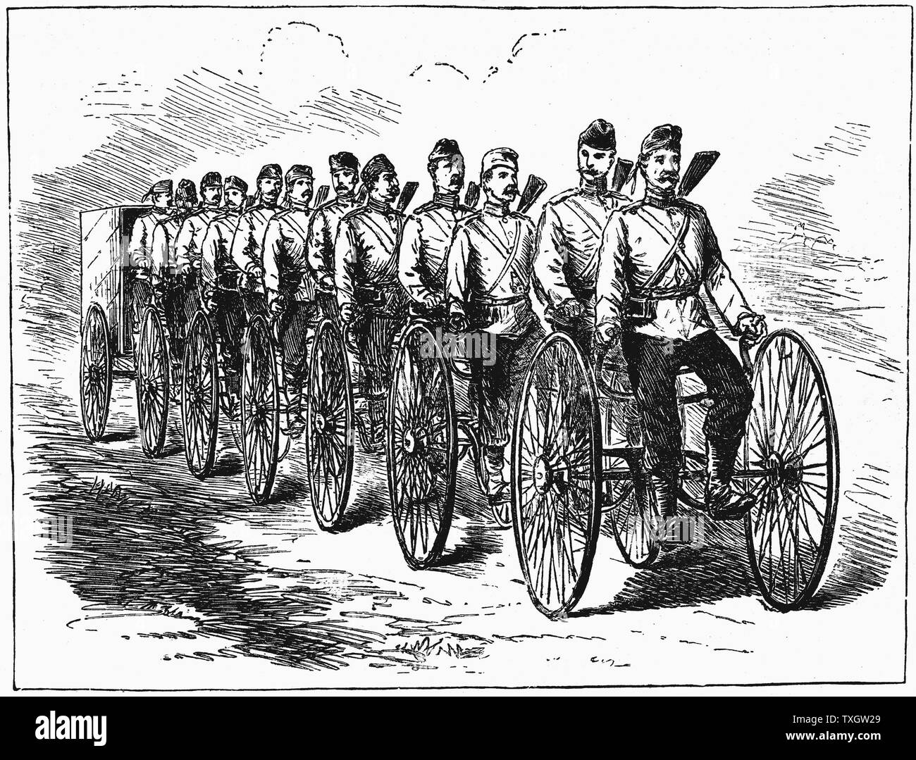 Militärische Multizyklische von Singer & Co 12 Männer, mit Munition Wagen am Heck. Britische Abteilung durch Prüfungen. Juli 1887 Von "Scientific American" Gravur New York Stockfoto