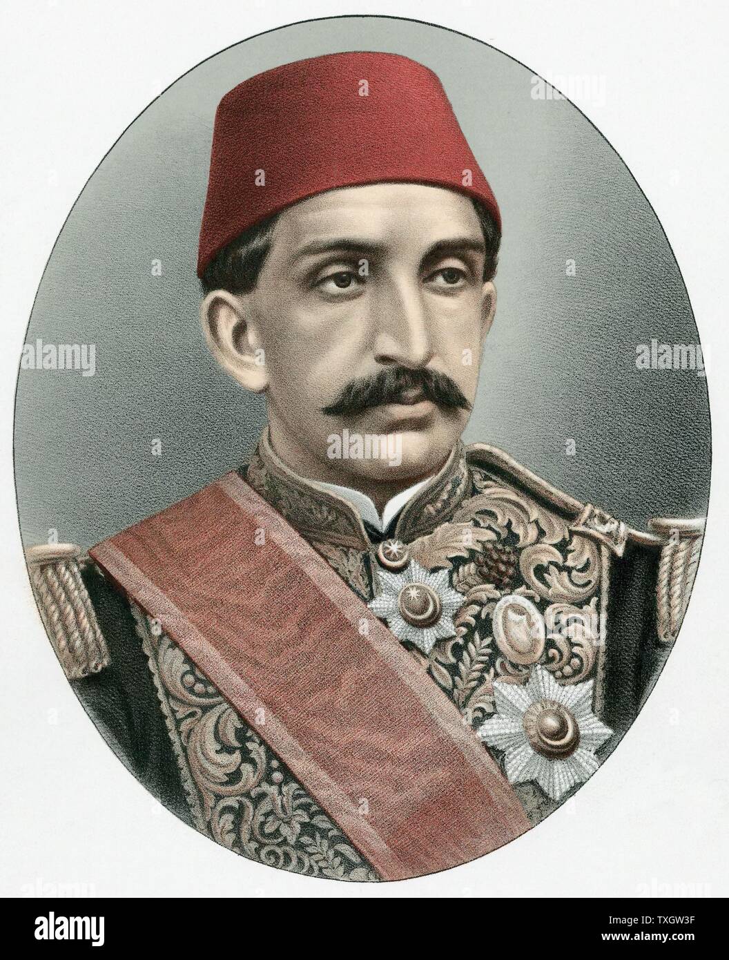 Abdul Hamid II. (1842-1918) letzte Sultan der Türkei (1876-1909). Die große Assassin genannt. Despotische Herrscher; abgesetzt und 1909 c 1880 Getönte Lithographie London verbannt Stockfoto