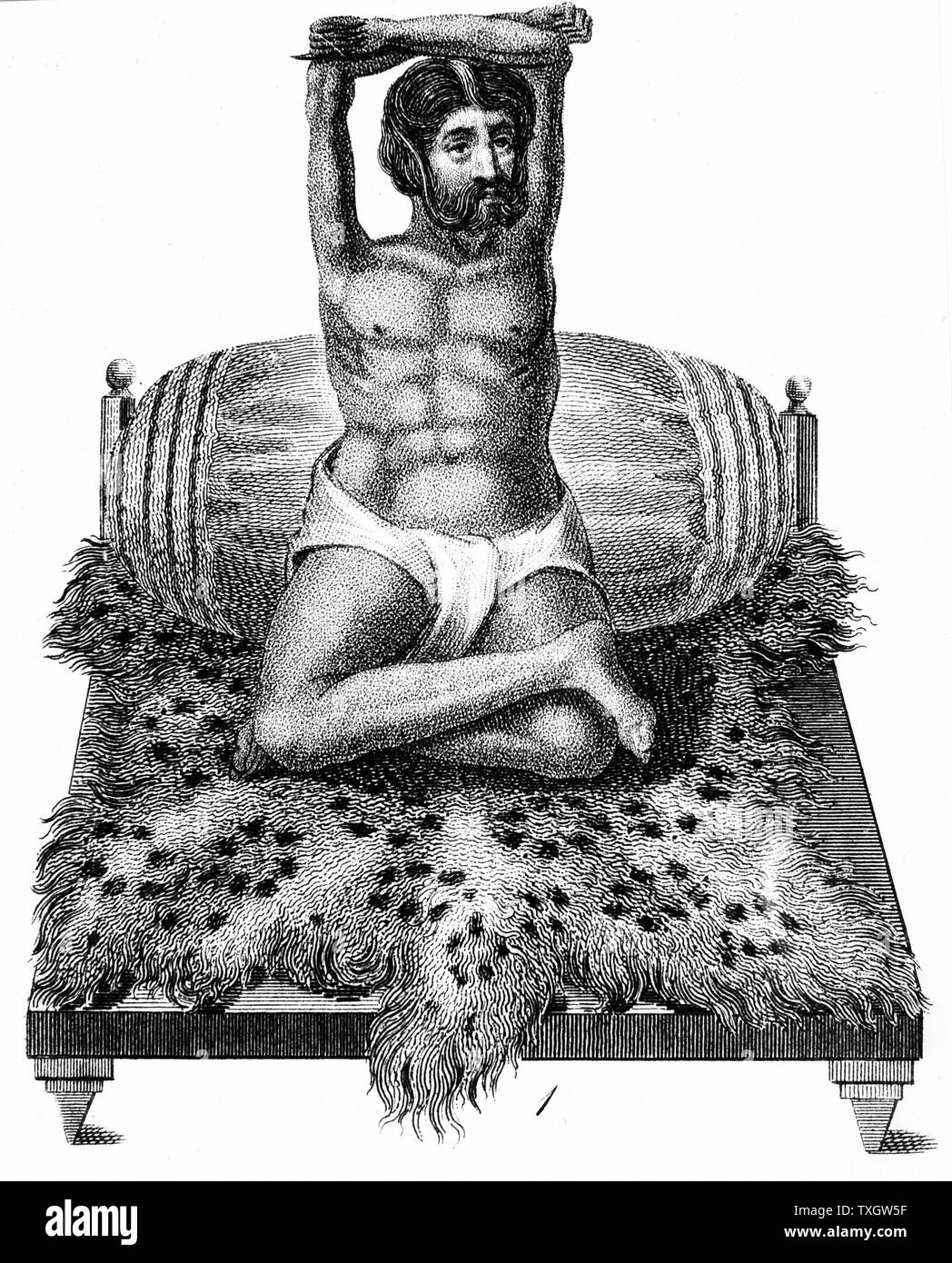 Purana Puri, ein Fakir oder heiligen Mann, dessen Modus der devotional Disziplin war die Erhöhung der seine Arme über den Kopf. Seine Arme verloren Masse und sank in der Folge. Wie hinduistischen Philosophen folgen eine alte Tradition, und wurden zu den Griechen als Gymnosophists 1811 Gravur London bekannt Stockfoto