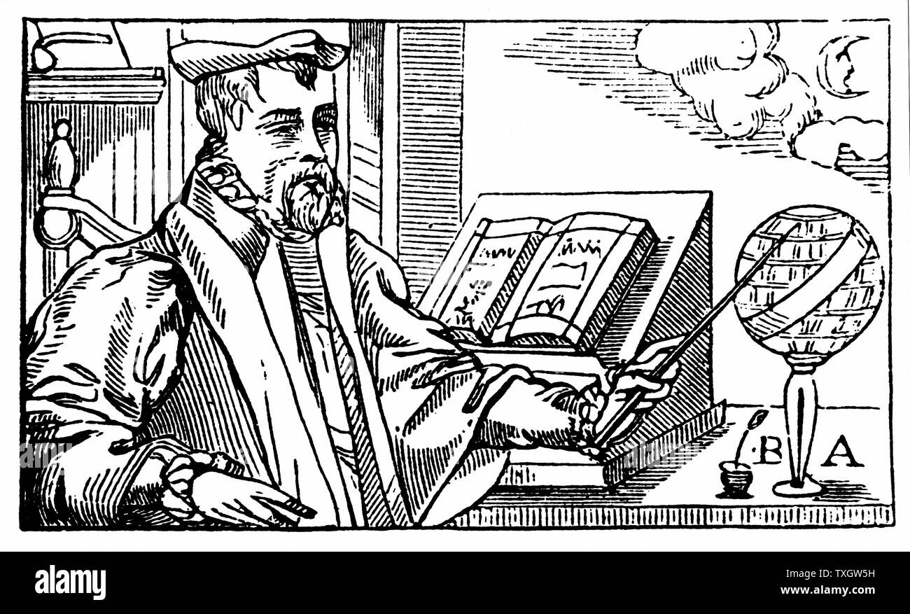 Bernard Abattia 16. Jahrhundert französischer Astrologe Portrait von seinem 'Prognose sur le Ehe de Henry, Roy de Navarra, et de Marguerite de France" 1572 Holzschnitt Paris Stockfoto