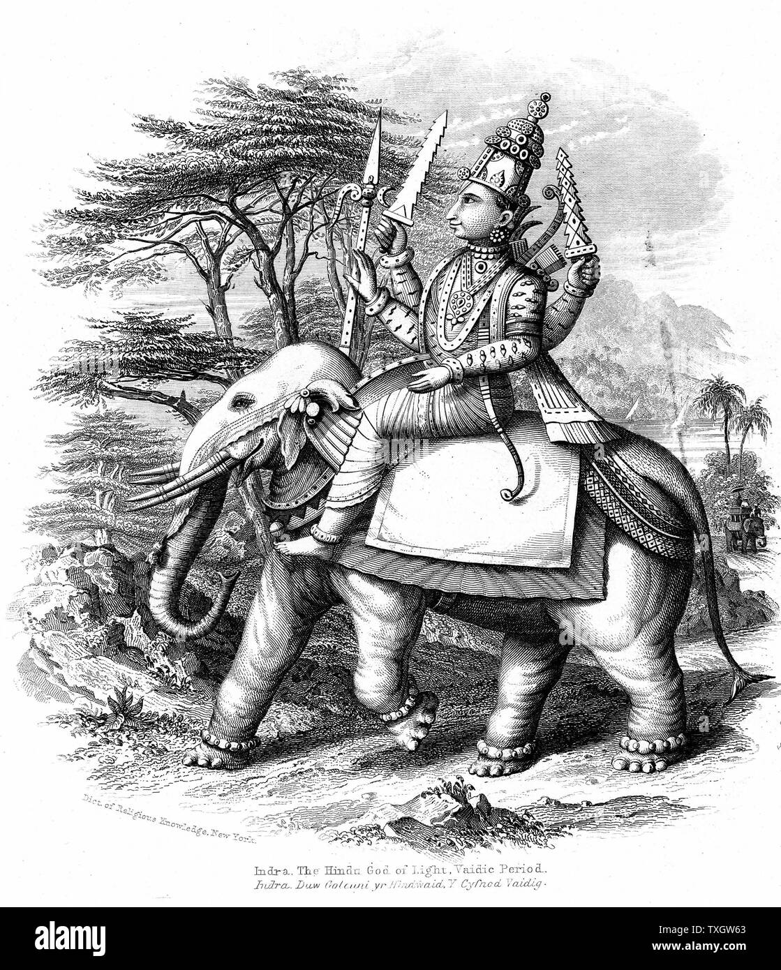 Indra, Principal der Vedischen Götter Indiens montiert auf seine Elefanten c 1880 Gravur Stockfoto