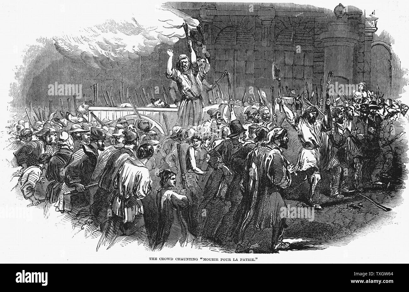 Revolution in Paris, Februar 1848. Szene vor dem Außenministerium mit dem Publikum singen 'Mourir la patrie' 1848 Holzstich gießen Stockfoto