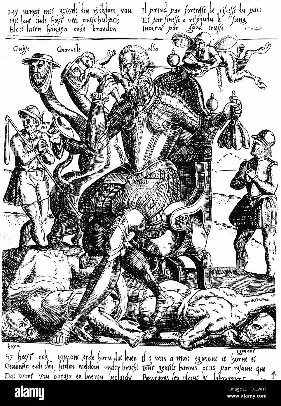 Ferdinand Alvarez de Toledo, Herzog von Alva (1508-82), spanischer General und Staatsmann. Als Generalleutnant in den Niederlanden 1567-73, erzwungene brutale Anti-protestantische Regel. Hier gezeigt, der ein Kind, während unter seinen Füßen, die Enthaupteten Körper sind der Grafen Egmont und Horn. 1572 Gravur Niederlande Stockfoto