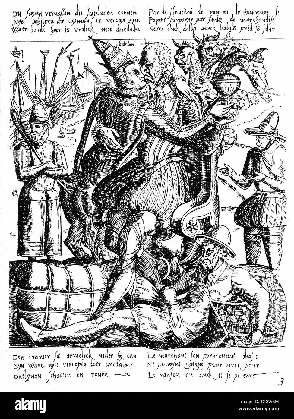 Ferdinand Alvarez de Toledo, Herzog von Alva (1508-82), spanischer General und Staatsmann. Als Generalleutnant in den Niederlanden 1567-73, erzwungene brutale Anti-protestantische Regel. Alva umarmt das Papsttum (Babylon/Korruption) 1572 Gravur Niederlande Stockfoto