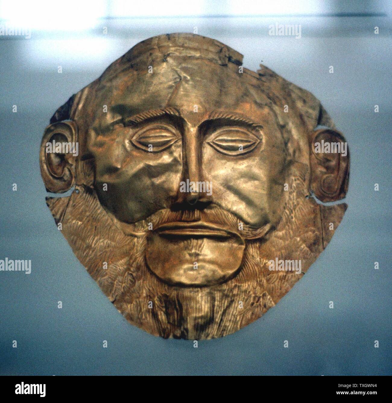 Agamemnon, dem legendären König von Mykene und Führer der strafenden Griechischen Expedition gegen Troy Gold Grabkunst Maske, c 1600-1500 v. Chr. bekannt zu sein, die von Agamemnon Mykene Stockfoto