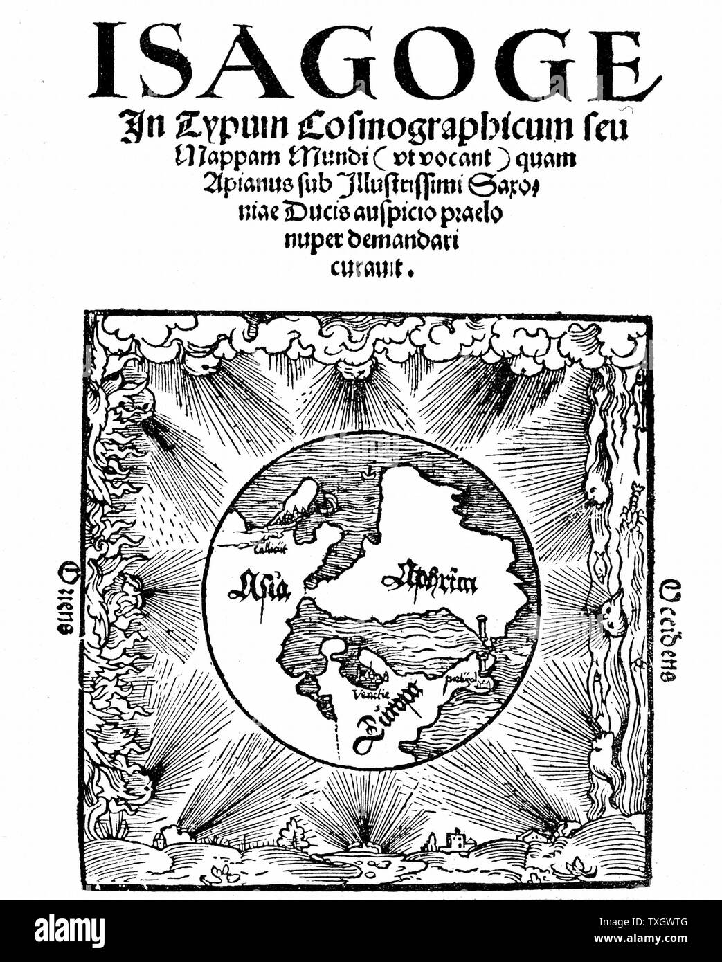 Petrus Apianus Peter Apian (1495-1552), deutscher Mathematiker und Astronom. Titel Seite seiner 'Isagoge in Mappam Typum Cosmographicum seu Mundi", Landshut, 1523, zeigen drei Kontinenten nur, in Europa, Afrika und Asien, das durch die 4 Elemente, Erde, Wasser, Luft und Feuer, und blasen Putti, der die Winde Stockfoto