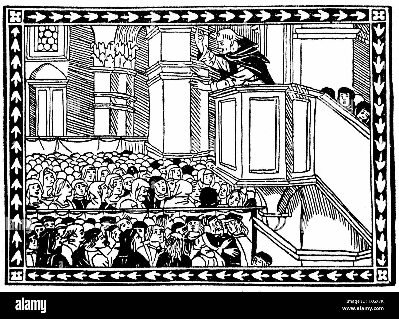 Girolamo Savonarola (1452-1498), italienische politische und religiöse Reformer, in Florenz zu predigen. Seine Anhänger in Florenz eine "Scheiterhaufen der Eitelkeiten" und er "Rom wird diese Flammen' - 1496 nicht auslöschen. Gefoltert und auf dem Scheiterhaufen verbrannt. Holzschnitt. Stockfoto