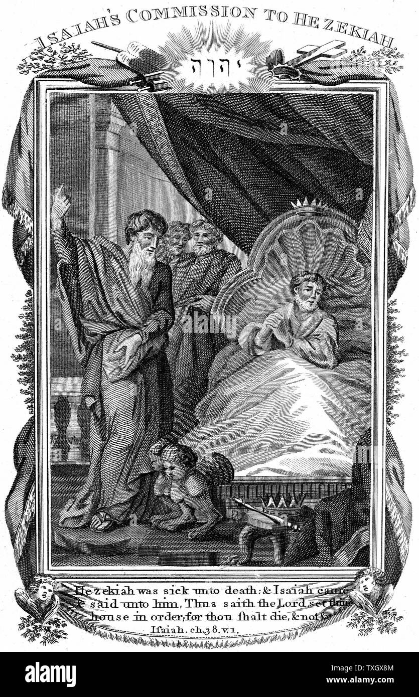 Jesaja, Prophet im Alten Testament, sagt Hiskia, der König Juda's, aus dem 8. Jahrhundert v. Chr., sein Haus zu ordnen, wie er über das sterben wird. "Bibel" Jesaja 38:1 c 1804 Gravur Stockfoto