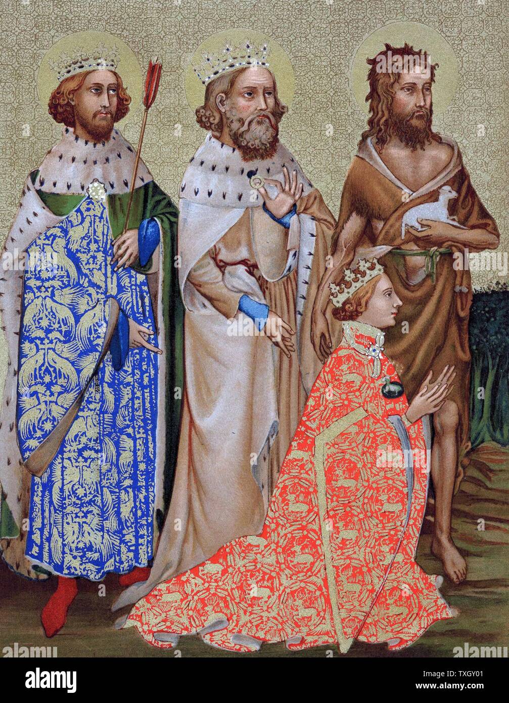 Richard II (1367-1400) König von England 1377-99, mit seinen Schutzheiligen St. Edmund (841-870), König von Osten Winkeln und Suffolk Märtyrertod für die Weigerung, den christlichen Glauben, wenn sie von Dänen, Edward dem Bekenner (1003-1066) König von England von 1042, und Johannes der Täufer gefangen zu geben. Richard trägt Robe mit seinen Ausweis einer verketteten White Hart Nach dem Panel von Wilton Diptych blasoniert Stockfoto