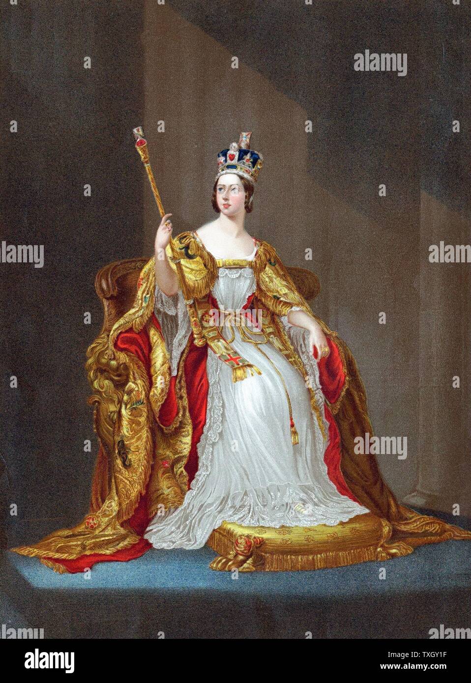 Königin Victoria (1819-1901) Königin von Großbritannien von 1837, Kaiserin von Indien aus 1876, 1838 gekrönt. Victoria auf Thron im Coronation Roben Krone tragen und halten Zepter Oleograph Stockfoto