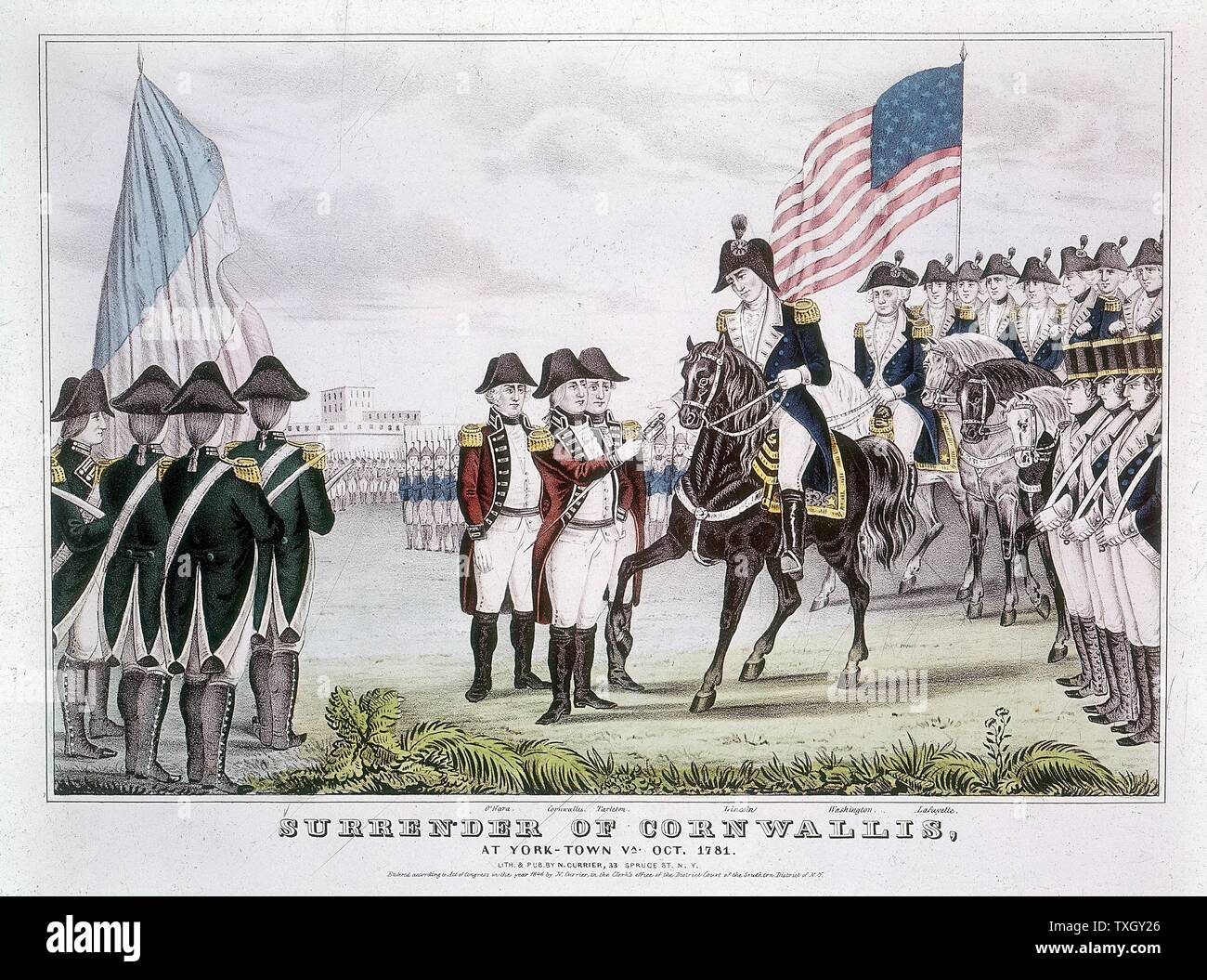 Amerikanischer Unabhängigkeitskrieg (1775-83) Englisch Commander Charles Cornwallis (1738-1805) Yorktown Hingabe an die Kolonisten, Oktober 1781 farbige Gravur Stockfoto