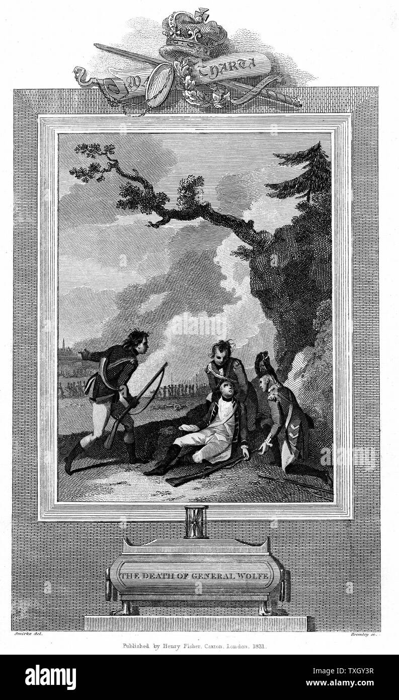James Wolfe (1727-59) Englischer Soldat. Der Tod von General Wolfe in der Schlacht von Höhen von Abraham über Quebec 13. September 1759. Wolfe lebte, zu hören, dass sein Angriff erfolgreich war. Gravur 1831 Stockfoto
