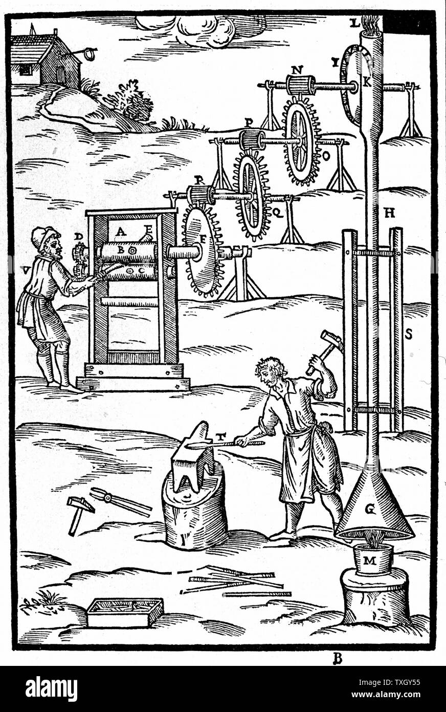 Walzwerk und Schmiede durch heiße Gase aus dem Ofen (M) Idee von Branca in "Le Machine" 1629 Holzschnitt Rom vorgeschlagenen Powered Stockfoto