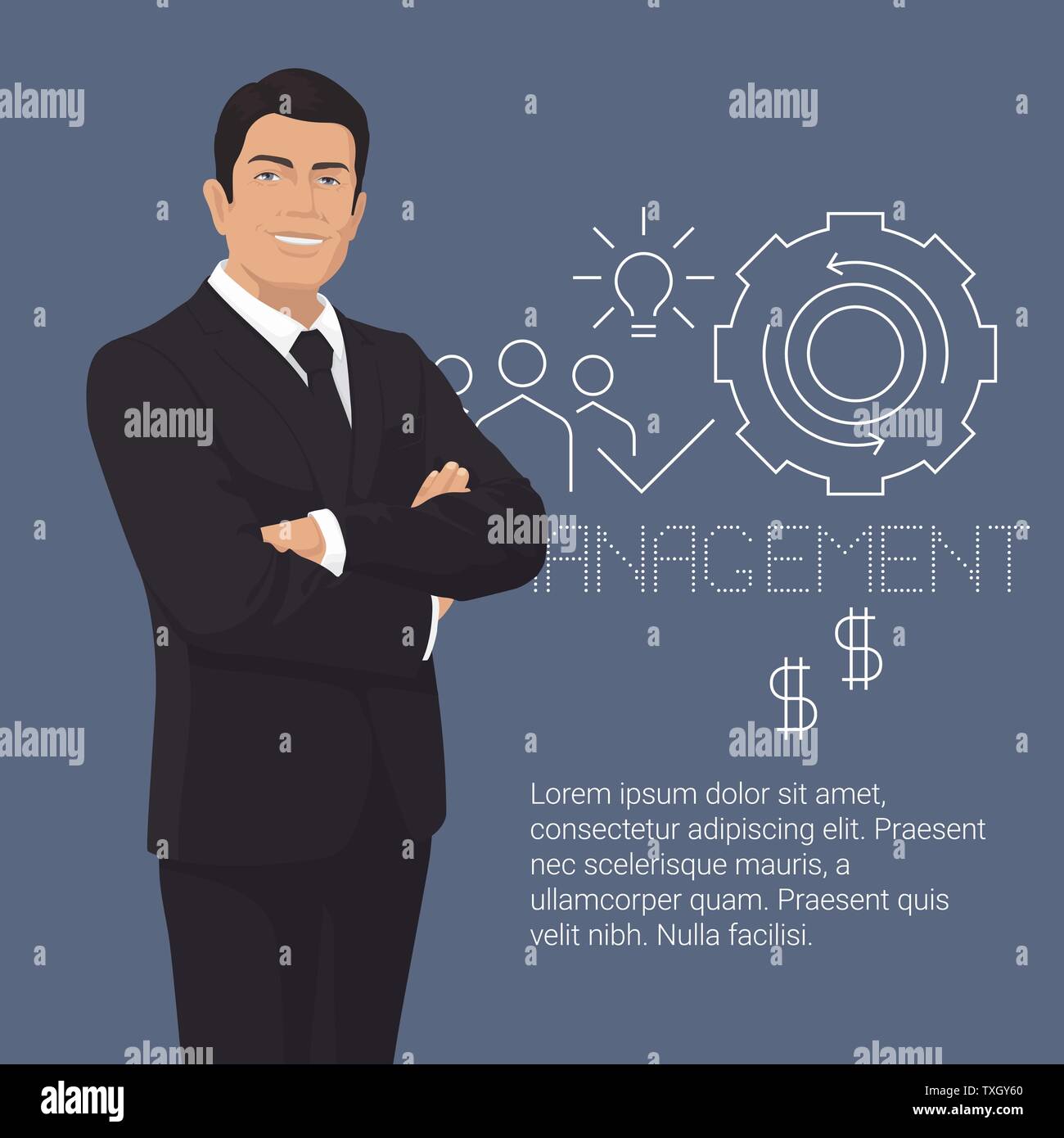 Völker. Geschäftsmann mit Lächeln. Erfolgreiche Menschen. Elegante Geschäftsmann. Erwachsene Person. Management. Business Icons. Vector Illustration. Stock Vektor