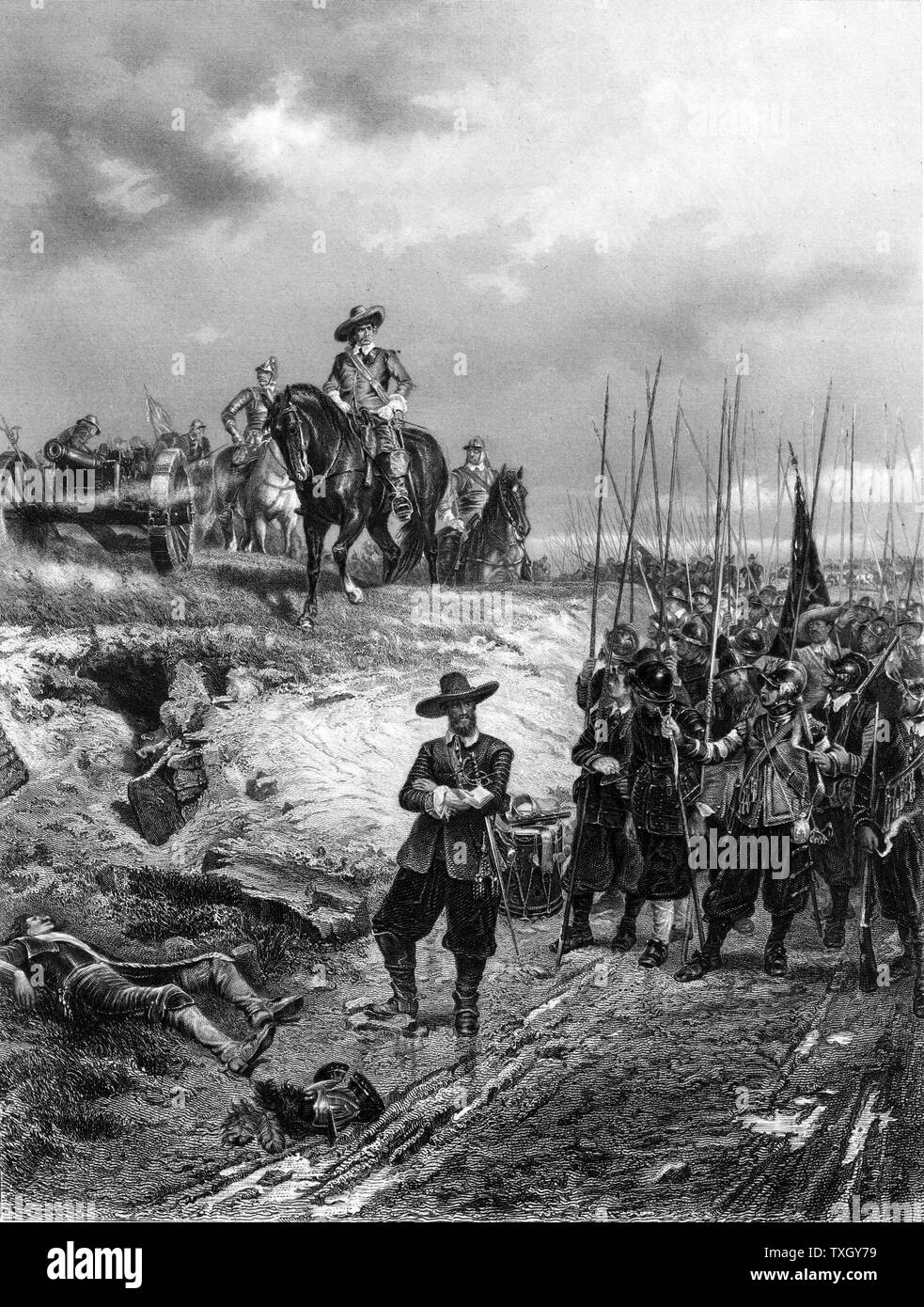 Englisch Bürgerkriege: Oliver Cromwell (1599-1658) in der Schlacht von Marston Moor, 2. Juli 1644 Parlamentarier besiegten Royalisten unter Prinz Rupert Gravur Stockfoto